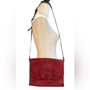Patricia Nash Waxed Tooled Red Leather Santillana Crossbody Bag